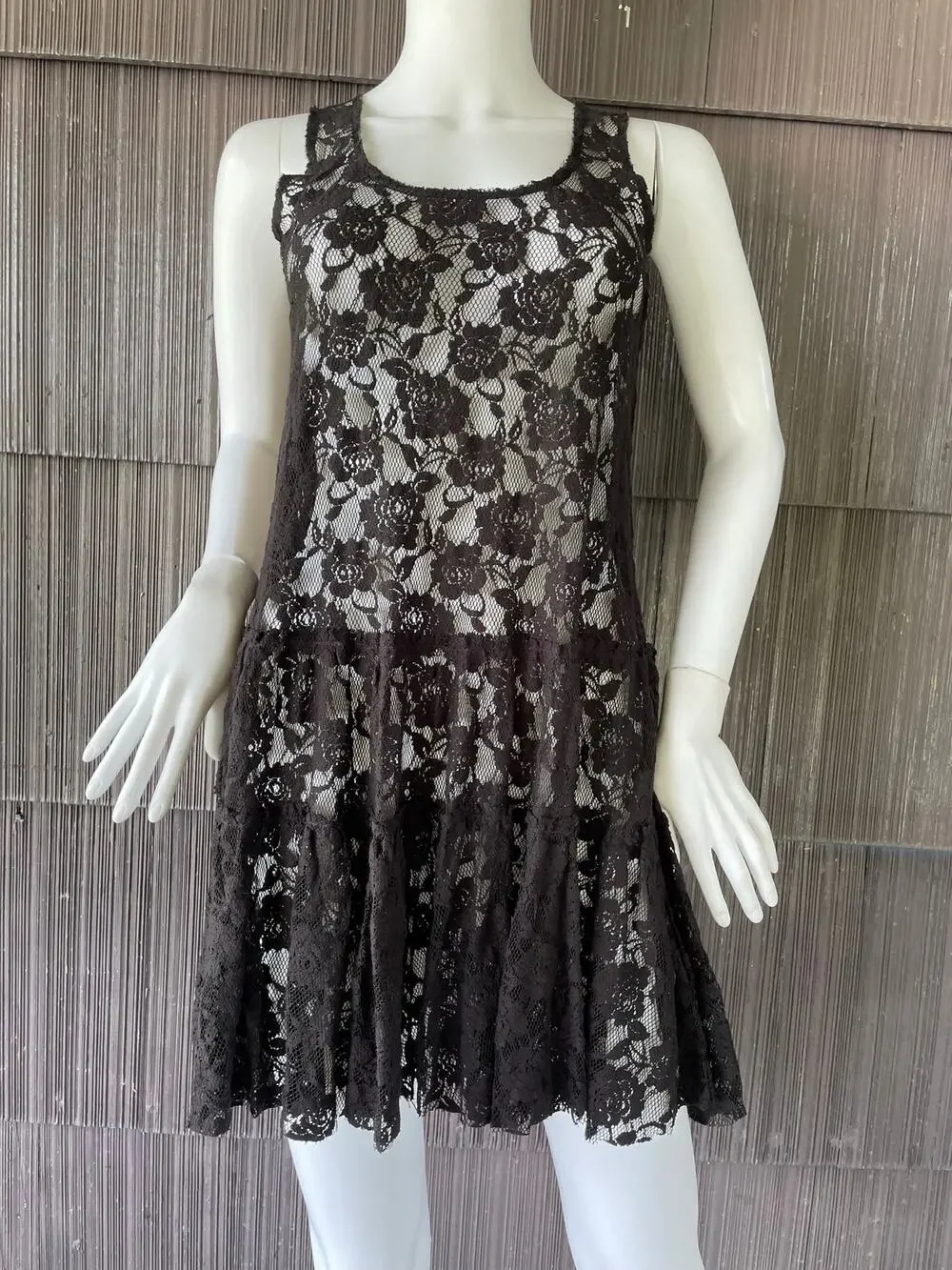 🔥Free People Black Lace Sheer Fit Flare Tiered Mini Dress Coquette Goth Grunge